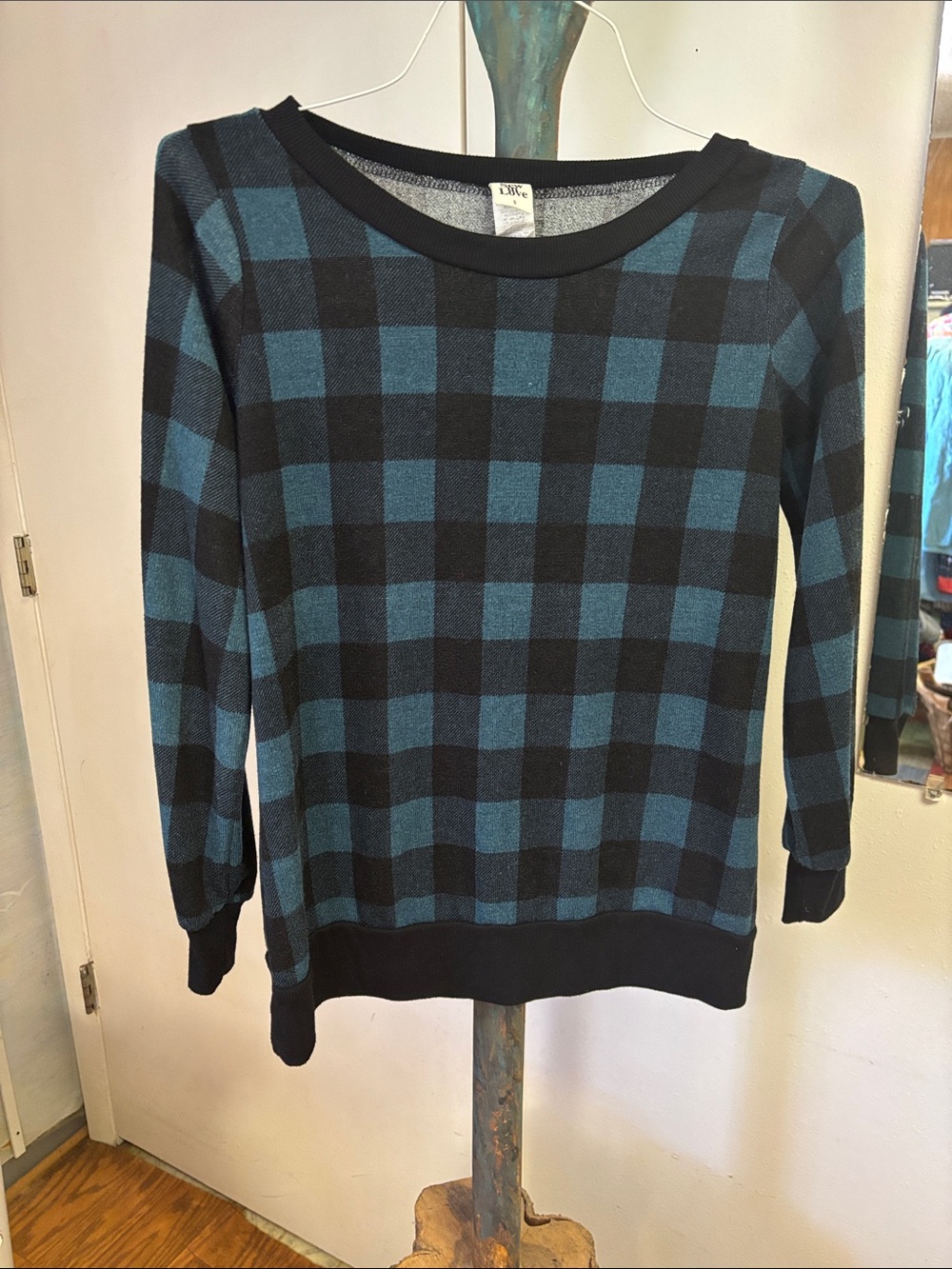 Sew In Love Blue and Black Buffalo Plaid Crew Neck Sweater